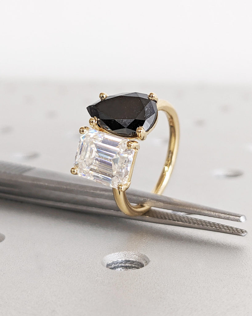 Lab Diamond and Black Diamond Ring - Emerald and Pear Engagement Ring - Black and White - Toi et Moi - Me & You Double Stone Engagement Ring