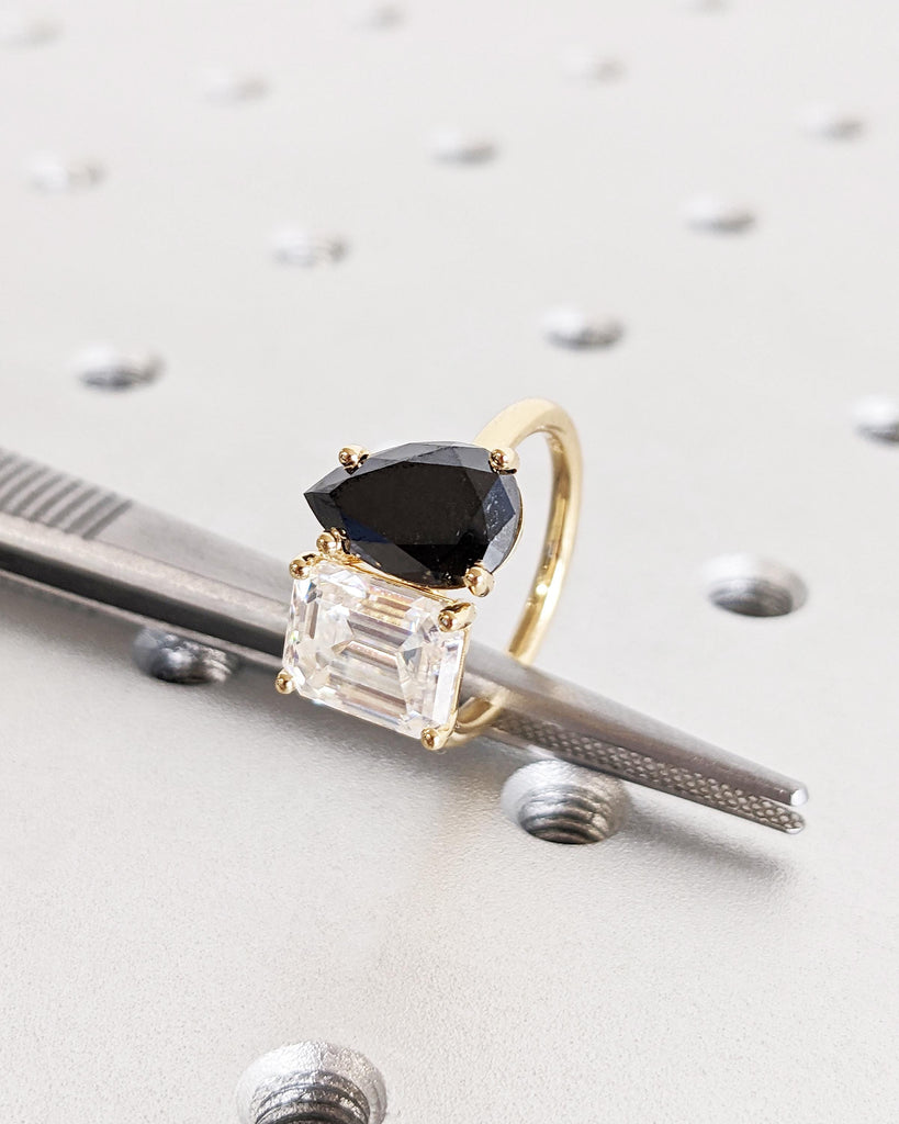 Lab Diamond and Black Diamond Ring - Emerald and Pear Engagement Ring - Black and White - Toi et Moi - Me & You Double Stone Engagement Ring