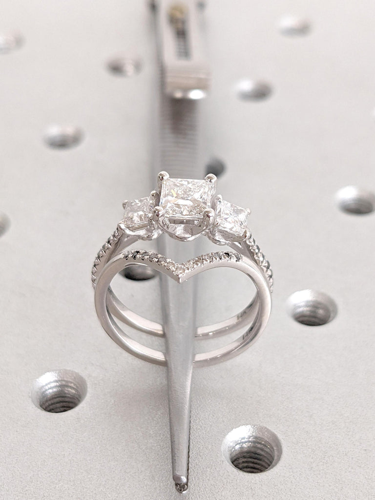 Unique Diamond and Moissanite Princess Engagement Ring Bridal Set | Chevron Half Eternity Ring | Promise Ring | 1-2CT IGI Lab Diamond Ring