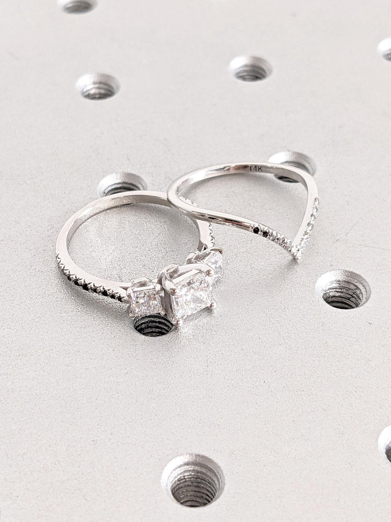 Unique Diamond and Moissanite Princess Engagement Ring Bridal Set | Chevron Half Eternity Ring | Promise Ring | 1-2CT IGI Lab Diamond Ring