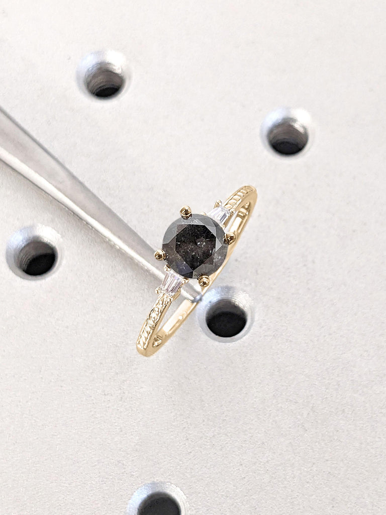 Unique Rope Engraving Gold Engagement Ring | Natural Herkimer Salt and Pepper Diamond | Black Diamond Ring | Woman Bridal Ring