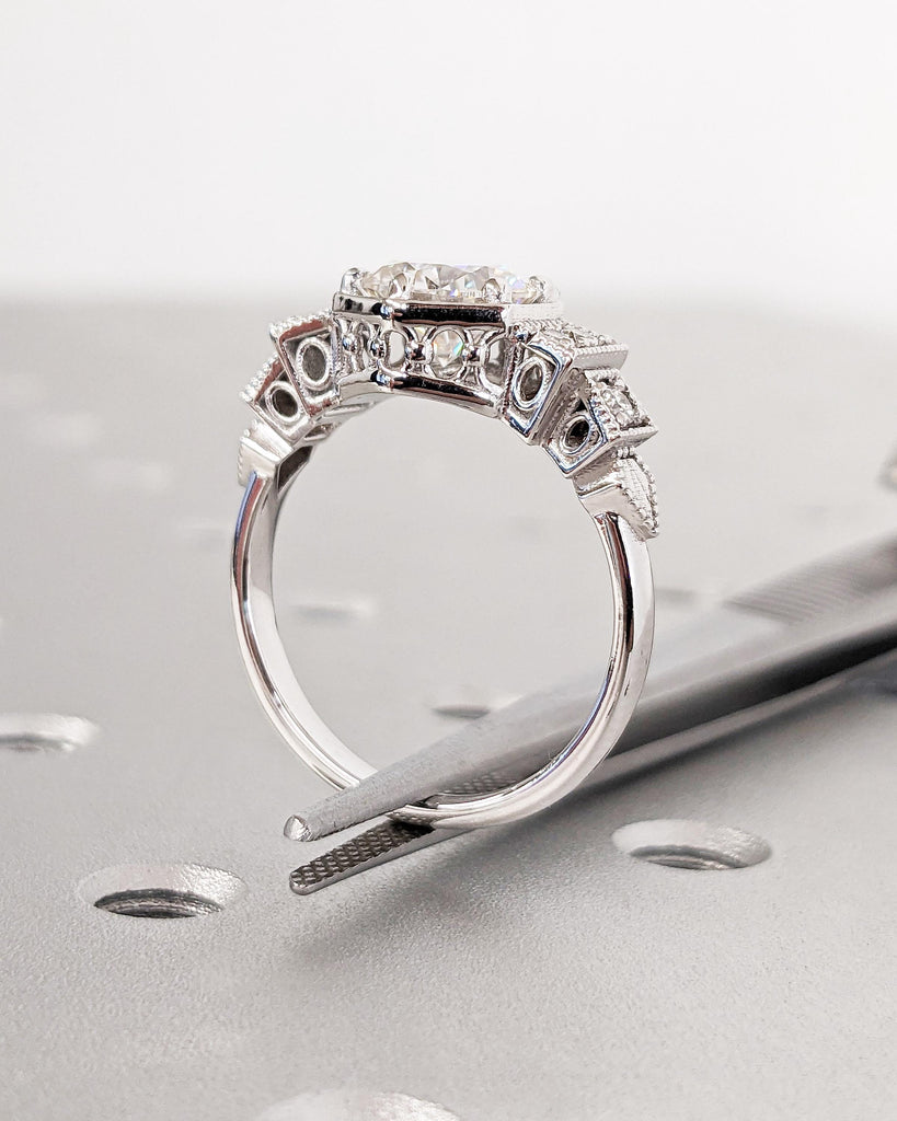 Vintage Lab Grown Diamond Ring Solid 14K White Gold Simulated Diamond Wedding Ring Bridal Antique Art Deco Filigree Engagement Ring for Her