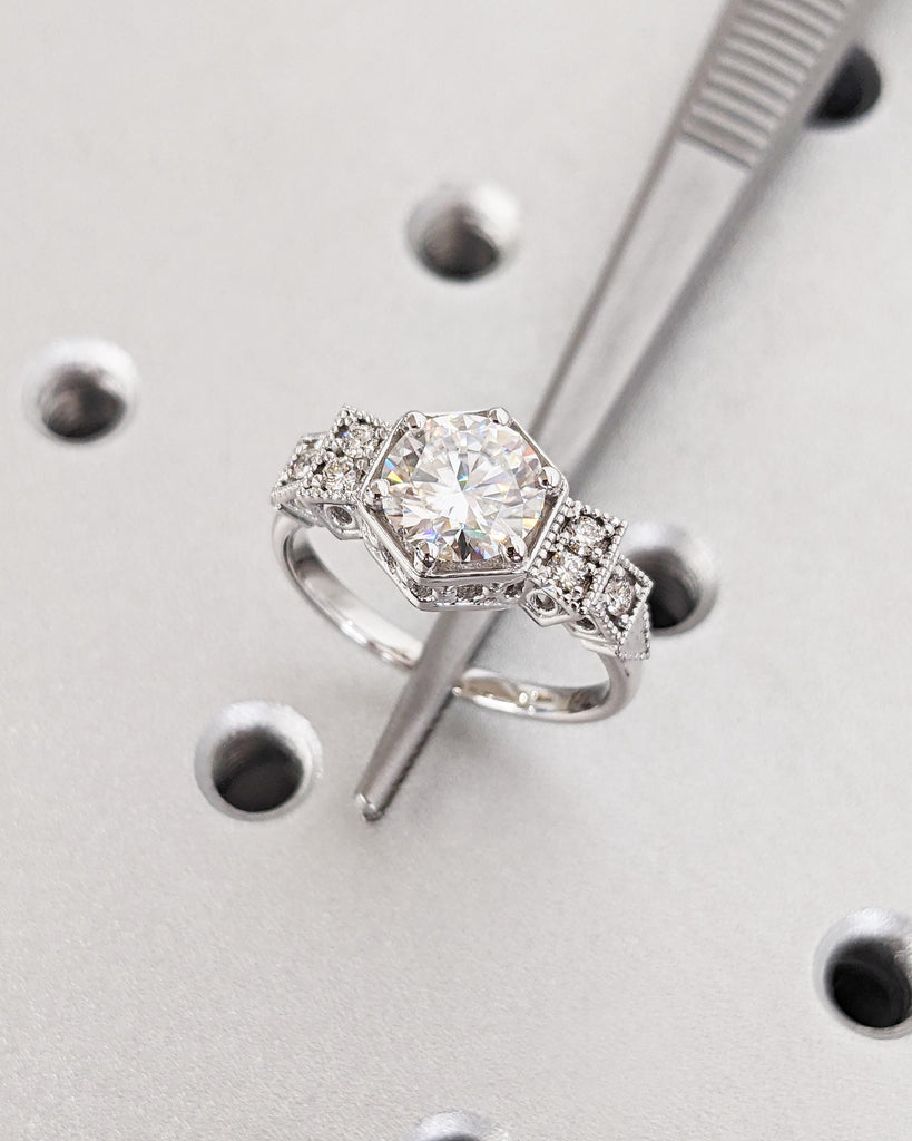 Vintage Lab Grown Diamond Ring Solid 14K White Gold Simulated Diamond Wedding Ring Bridal Antique Art Deco Filigree Engagement Ring for Her