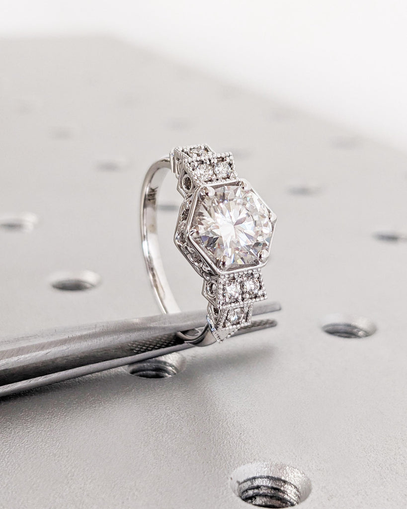 Vintage Moissanite Engagement Ring 14K White Gold Ring Gift Unique Antique Wedding Anniversary Promise Ring Vintage Filigree Engagement Ring