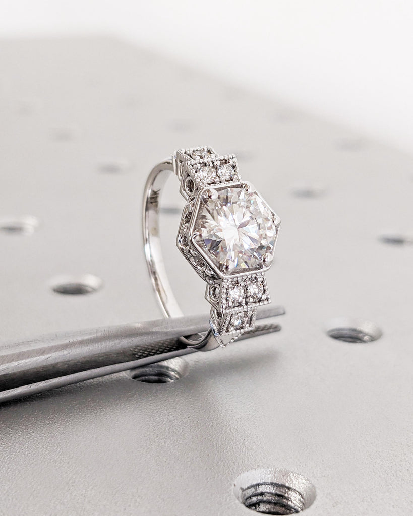 Vintage Filigree Art Deco Round Cut Lab Grown Diamond Engagement Ring, 14K White Gold Promise Ring, Antique Wedding Promise Anniversary Ring