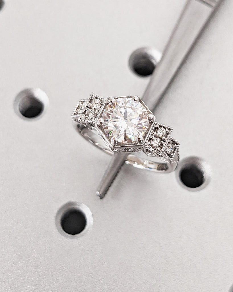 1.5CT Lab Grown Diamond Ring, Vintage Style Engagement Ring, Solid 14K White Gold Simulated Diamond Wedding Ring for Her, Art Deco Filigree