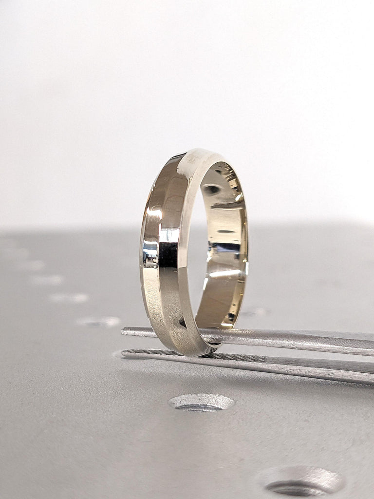 14K Solid White Gold Ring Simple Wedding Ring for Him | Beveled Edge Mens Wedding Band 6MM | Polished Finish Gold Ring | Unisex His Her Ring