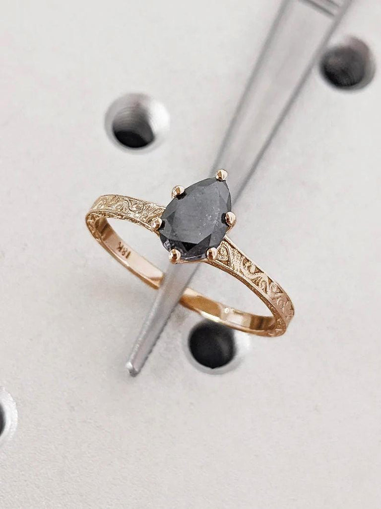 1ct Natural Black Diamond Solitaire Ring | Solid Gold Engagement Ring | Antique Proposal Ring | Salt and Pepper Diamond Filigree Wedding Ring