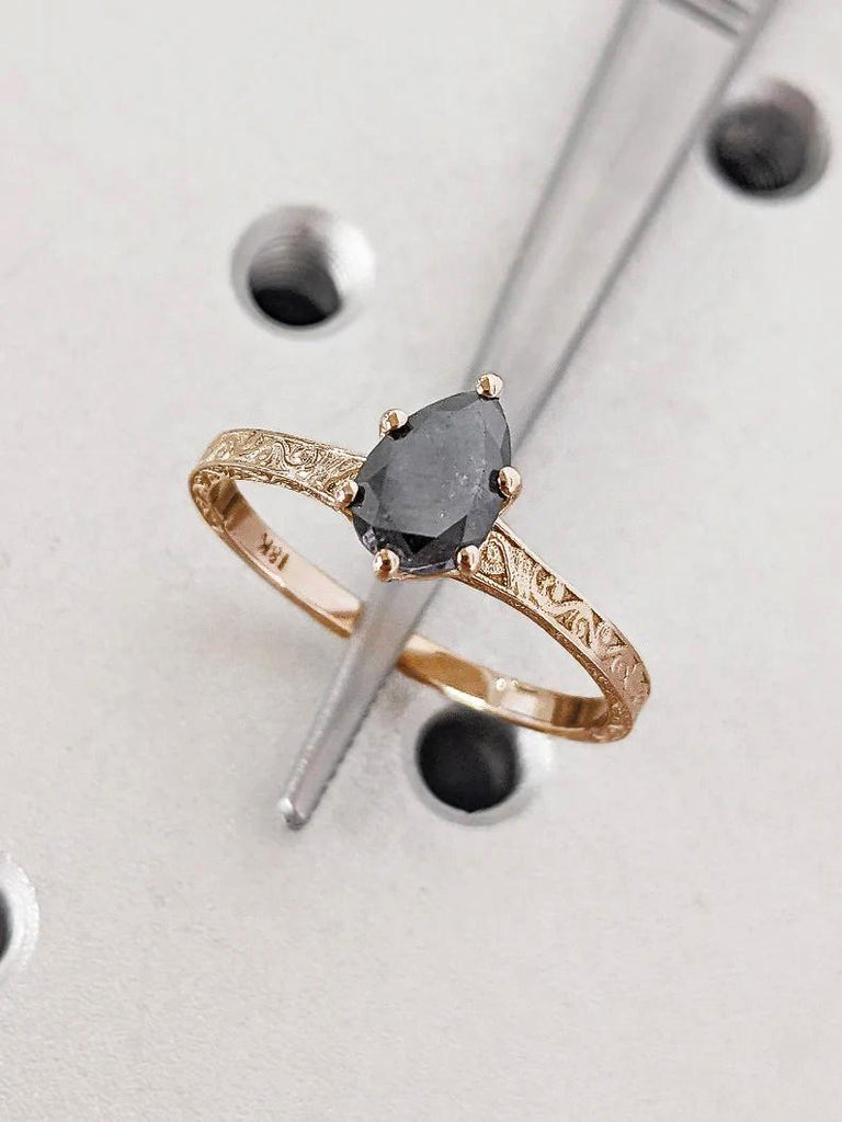 1ct Natural Black Diamond Solitaire Ring | Solid Gold Engagement Ring | Antique Proposal Ring | Salt and Pepper Diamond Filigree Wedding Ring