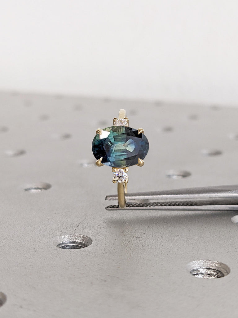 Oval Engagement Ring | 14k Solid Gold Green Blue Sapphire Ring | One of a Kind Montana Sapphire Statement Rings for Women | Anniversary Gift