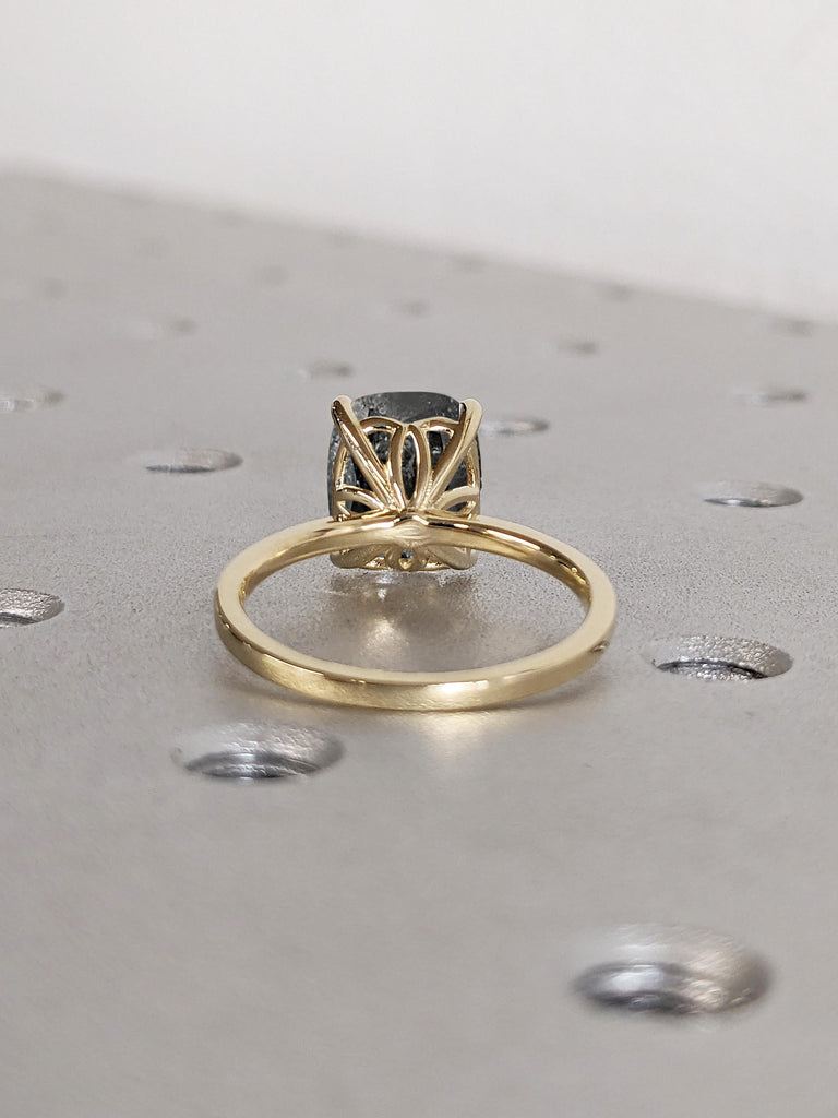 14k Solid Gold Ring, Salt and Pepper Diamond Engagement Ring, Cushion Ring, Solitaire Rings for Women, Vintage Diamond Ring, Engagement Gift