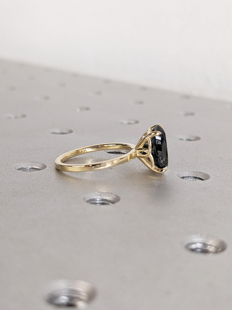 14k Solid Gold Ring, Salt and Pepper Diamond Engagement Ring, Cushion Ring, Solitaire Rings for Women, Vintage Diamond Ring, Engagement Gift