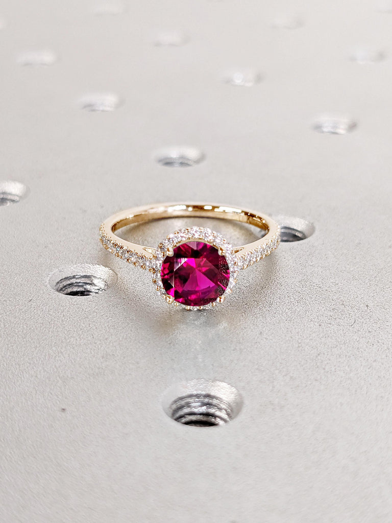 Comfort Fit Lab Ruby Ring, Halo Engagement Ring, Rose Gold Ring, Ruby Anniversary Ring, July Birthstone Ring, Moissanite Half Eternity Ring