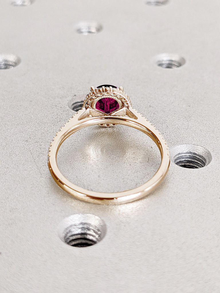 Lab Ruby Engagement Ring, Rose Gold Promise Ring, Ruby Halo Ring, Diamond Half Eternity Ring, Birthstone Rings for Women, Comfort Fit Ring