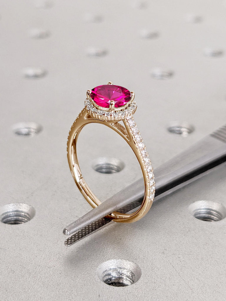 Comfort Fit Lab Ruby Ring, Halo Engagement Ring, Rose Gold Ring, Ruby Anniversary Ring, July Birthstone Ring, Moissanite Half Eternity Ring