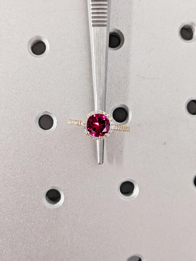 Comfort Fit Lab Ruby Ring, Halo Engagement Ring, Rose Gold Ring, Ruby Anniversary Ring, July Birthstone Ring, Moissanite Half Eternity Ring