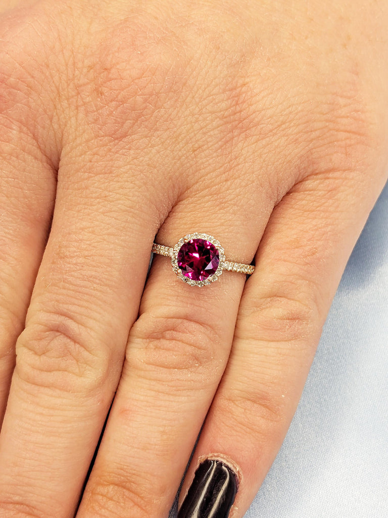 Comfort Fit Lab Ruby Ring, Halo Engagement Ring, Rose Gold Ring, Ruby Anniversary Ring, July Birthstone Ring, Moissanite Half Eternity Ring