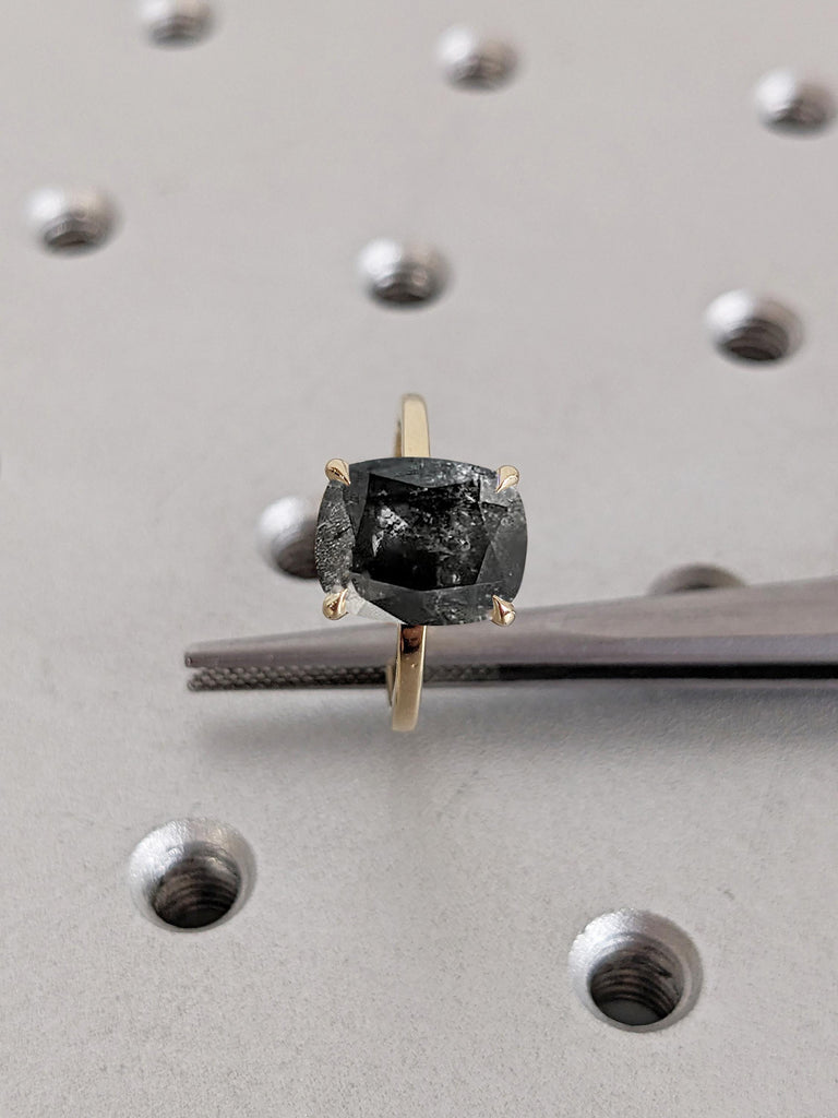 Salt and Pepper Diamond Ring, Cushion Cut Engagement Ring, 14k Gold Ring, Dainty Diamond Ring, Gold Statement Ring, Unique Minimalist Ring
