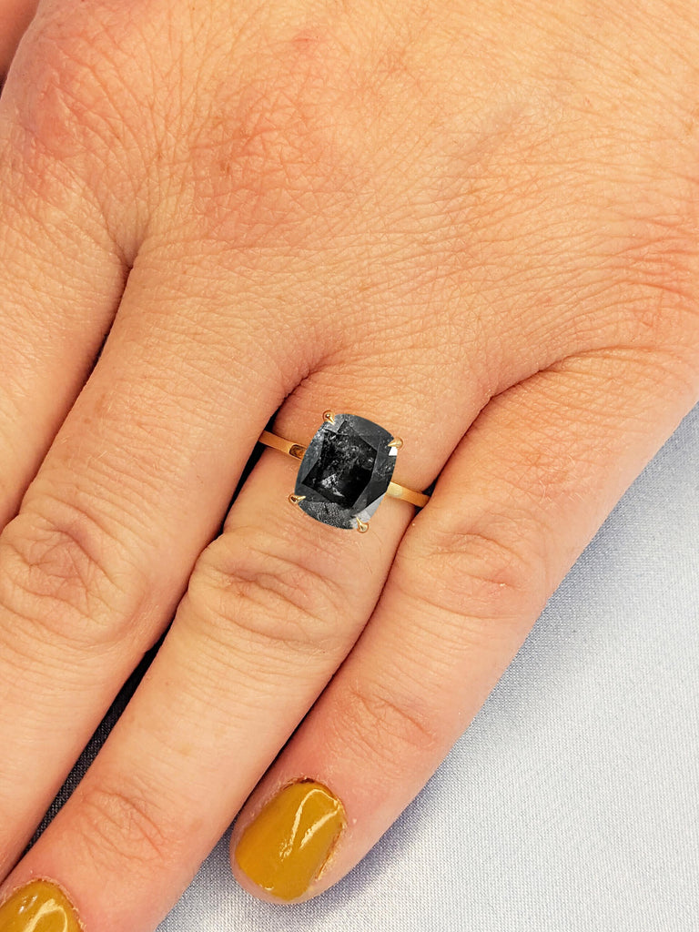 Salt and Pepper Diamond Ring, Cushion Cut Engagement Ring, 14k Gold Ring, Dainty Diamond Ring, Gold Statement Ring, Unique Minimalist Ring
