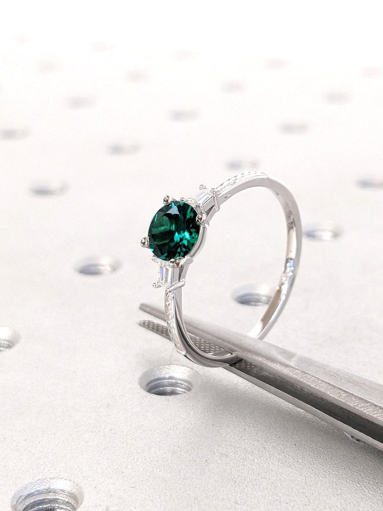 Thin Engagement Ring | 14k White Gold Lab Emerald Ring | Green Engagement Ring | Diamond Ring for Her
