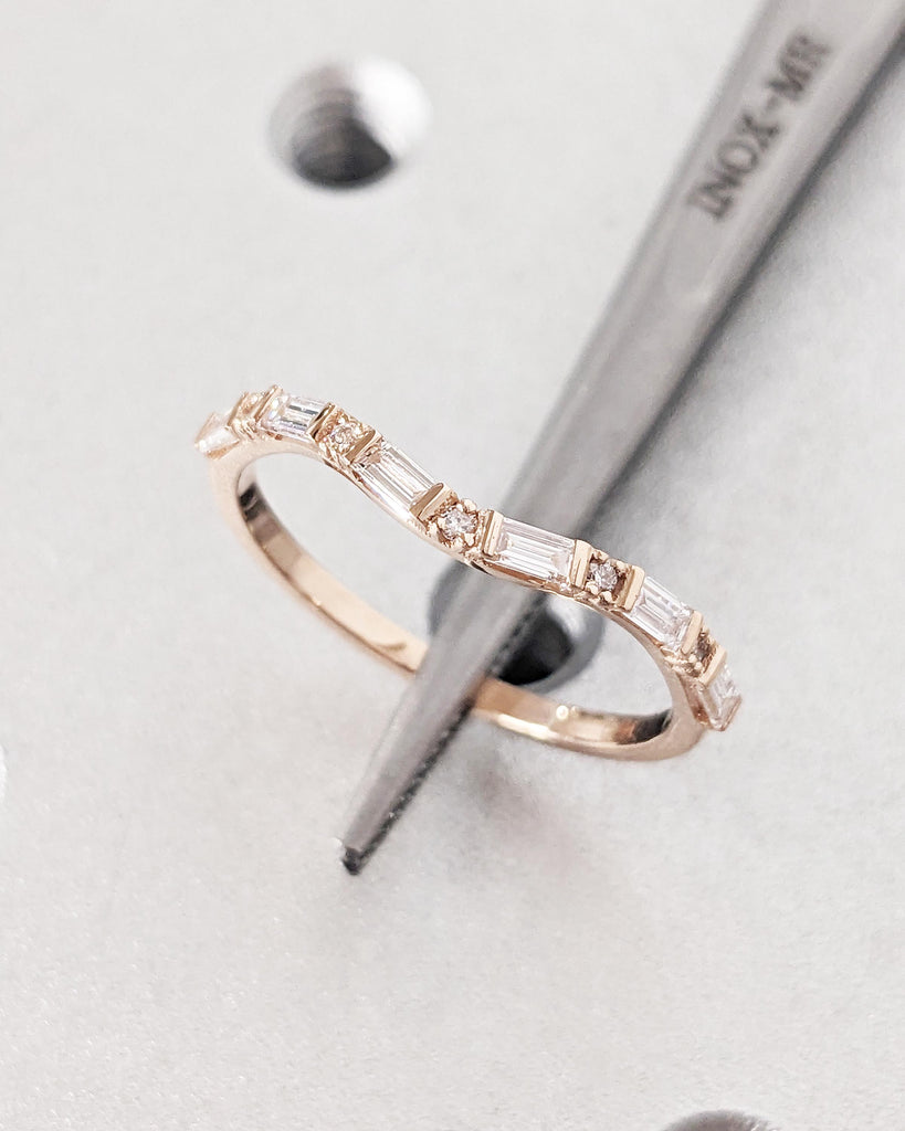14K Rose Gold Dainty Diamond Wedding Band, Moissanite Wedding Band, Lab Diamond Curved Ring, Baguette & Round Engagement Ring, Matching Ring, Anniversary Gift for Her