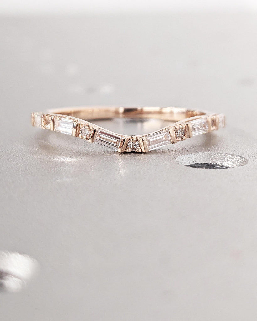 14K Rose Gold Dainty Diamond Wedding Band, Moissanite Wedding Band, Lab Diamond Curved Ring, Baguette & Round Engagement Ring, Matching Ring