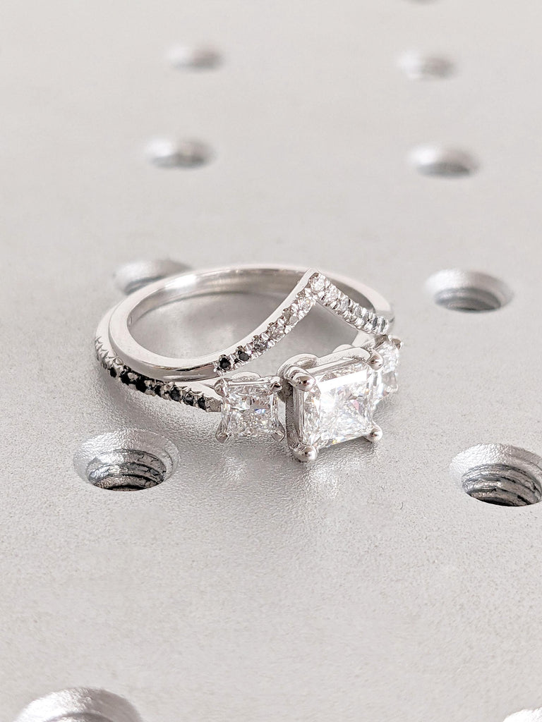 Three Stone Ring Princess cut Moissanite Ring | 14k 18k Gold Engagement Ring for Her | Half Eternity Curve Wedding Ring | Woman Bridal Set