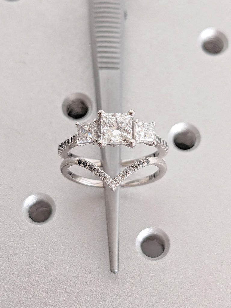 1CT White Moissanite Engagement Ring | Matching V Shaped Wedding Ring | Real White Gold Thin Engagement Ring | Ombre Diamond Ring