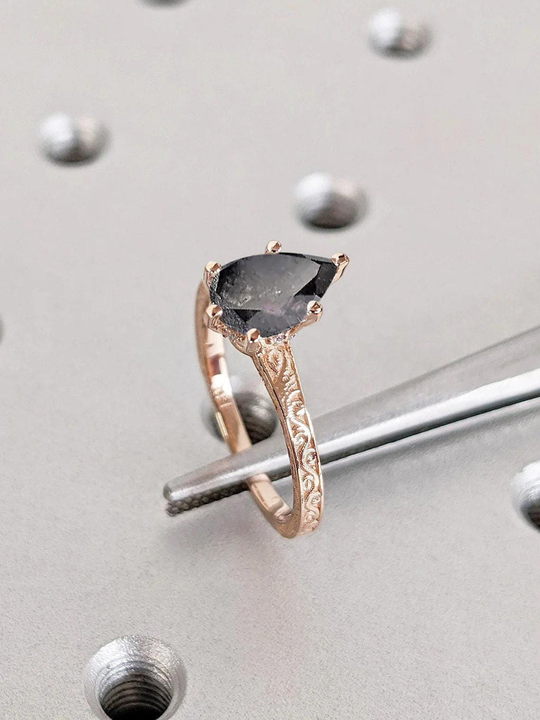 Pear cut Hidden Halo Diamond Engagement Ring | 14k Rose Gold Salt and Pepper Diamond Ring | 1 Carat Vintage Ring
