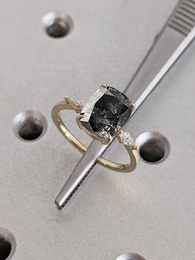 Salt and Pepper Diamond Ring, 14k Gold Kite and Cushion Cut Engagement Ring, Art Deco Anniversary Ring, Gold Statement Ring, Gift for Her