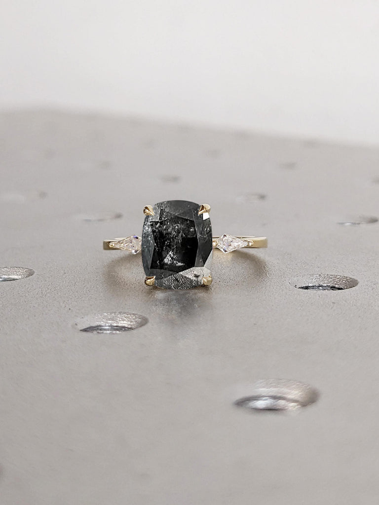Cushion Cut Raw Salt and Pepper Diamond Ring, 14k Solid Gold Ring, Kite Cut Moissanite or Diamond Ring, Cushion Ring, Promise Ring for Her