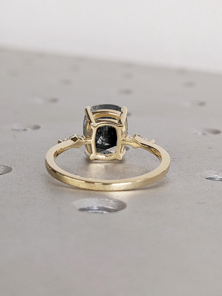 Cushion Cut Raw Salt and Pepper Diamond Ring, 14k Solid Gold Ring, Kite Cut Moissanite or Diamond Ring, Cushion Ring, Promise Ring for Her
