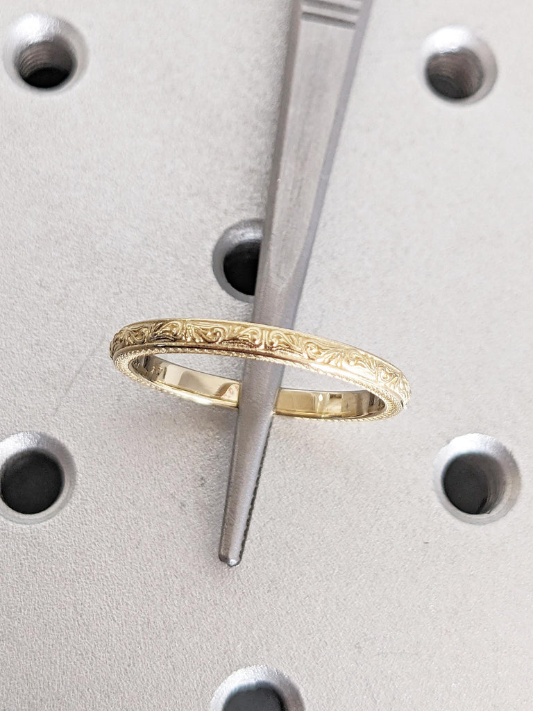 14k Yellow Gold Womens Wedding Band, Filigree Ring, Milgrain Gold Stacking Ring, Unique Matching Ring, Dainty Wedding Ring, Anniversary Ring