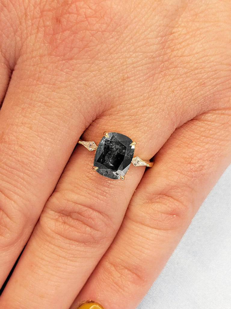 Cushion Cut Raw Salt and Pepper Diamond Ring, 14k Solid Gold Ring, Kite Cut Moissanite or Diamond Ring, Cushion Ring, Promise Ring for Her