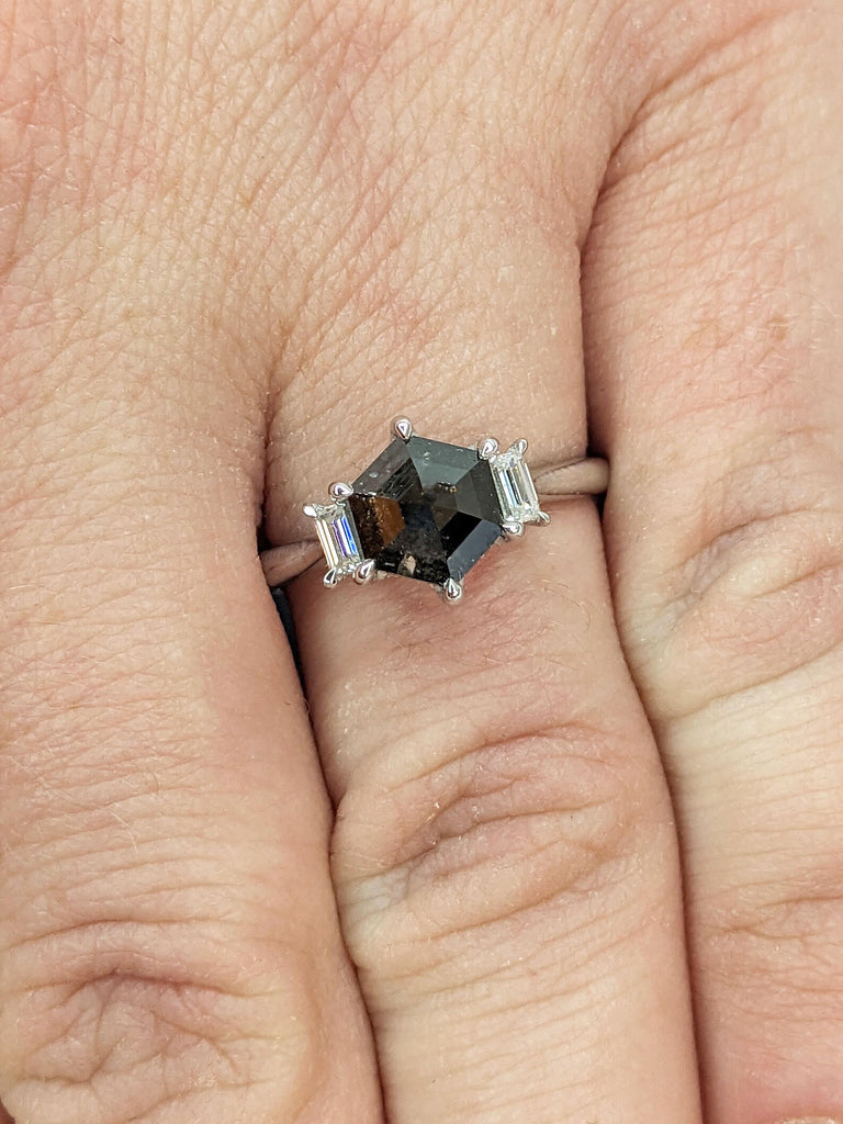 1.25 Carat Natural Black Diamond Ring in 14k White Gold | Hexagon cut Engagement Ring | Geometrical Shape Ring | Baguette Lab Diamond
