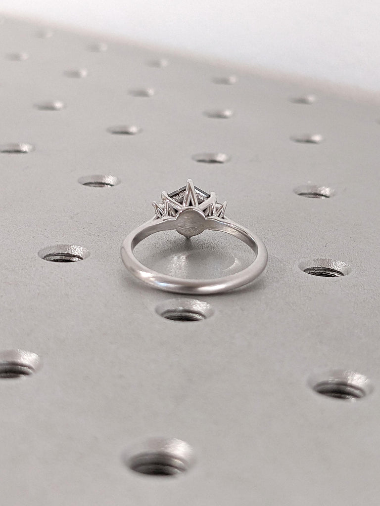 Hexagon cut Salt and Pepper Black Diamond Engagement Ring | Diamond Hidden Halo Ring | 14k White Gold Three Stone Ring | Promise Ring Woman