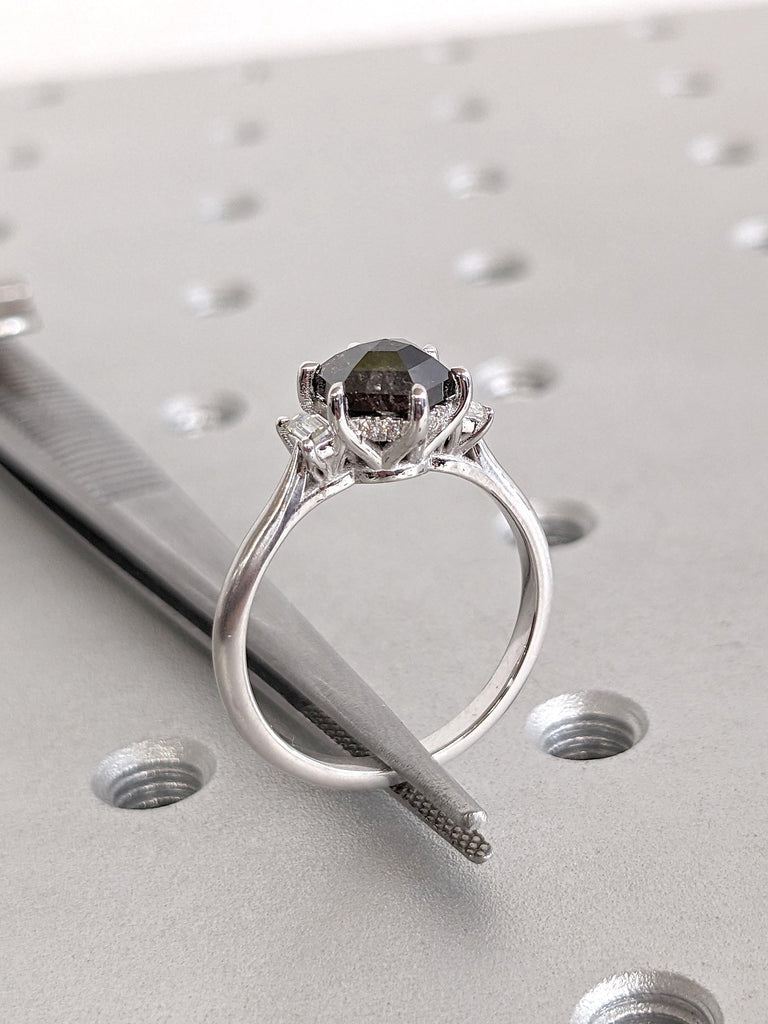 14K Solid Gold Raw Salt and Pepper Diamond Wedding Ring | Lab Grown Diamond Hidden Halo Engagement Ring | Matte Finish Gold Rings for Women