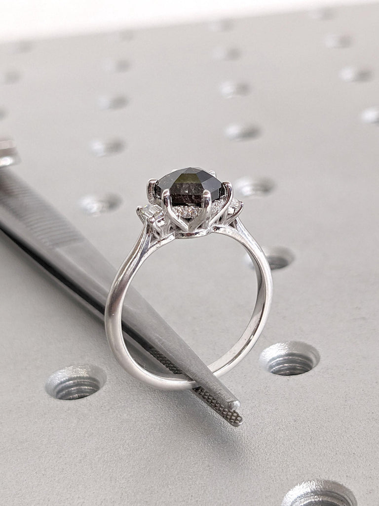 Hexagon cut Salt and Pepper Black Diamond Engagement Ring | Diamond Hidden Halo Ring | 14k White Gold Three Stone Ring | Promise Ring Woman