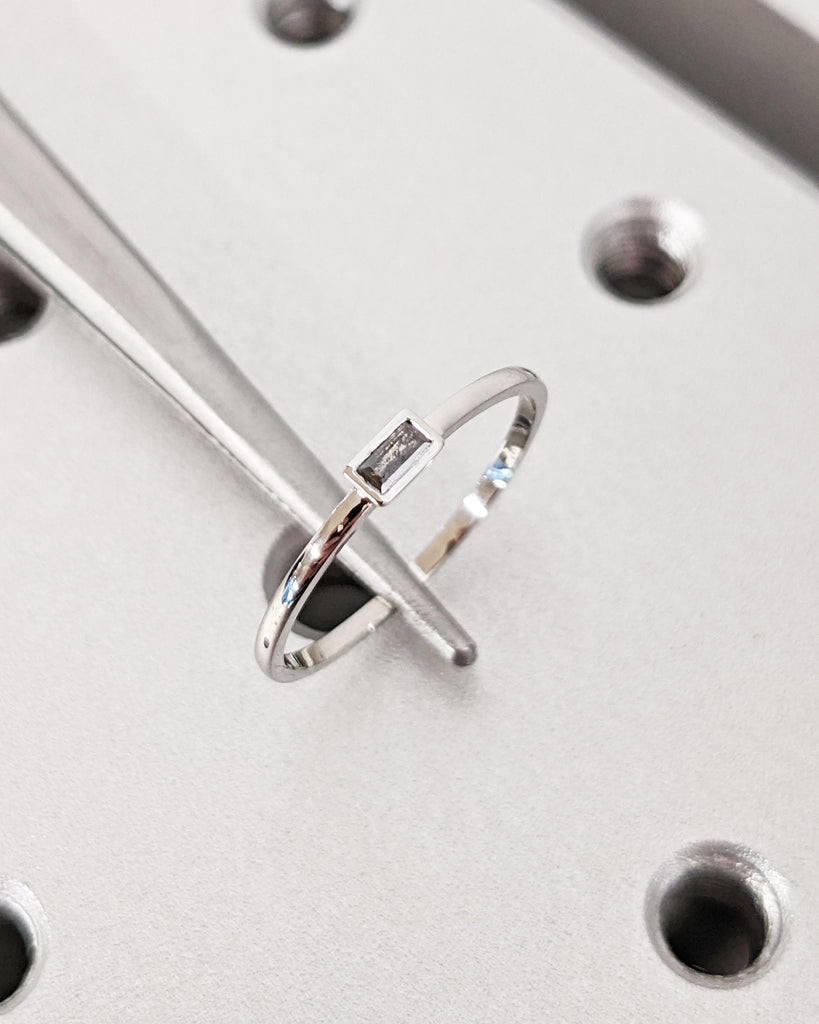 Dainty Thin Salt and Pepper Diamond Wedding Band, Gray Diamond Baguette Ring, Delicate Matching Stack Ring 14K Gold or Platinum Wedding Ring