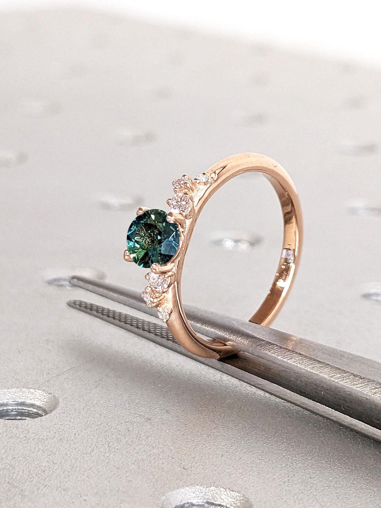 Rose Gold Women Wedding Ring | Teal Sapphire 18k Gold Engagement Ring | Lab Grown Diamond Cluster Snowdrift Promise Anniversary Ring, Gift for Wife