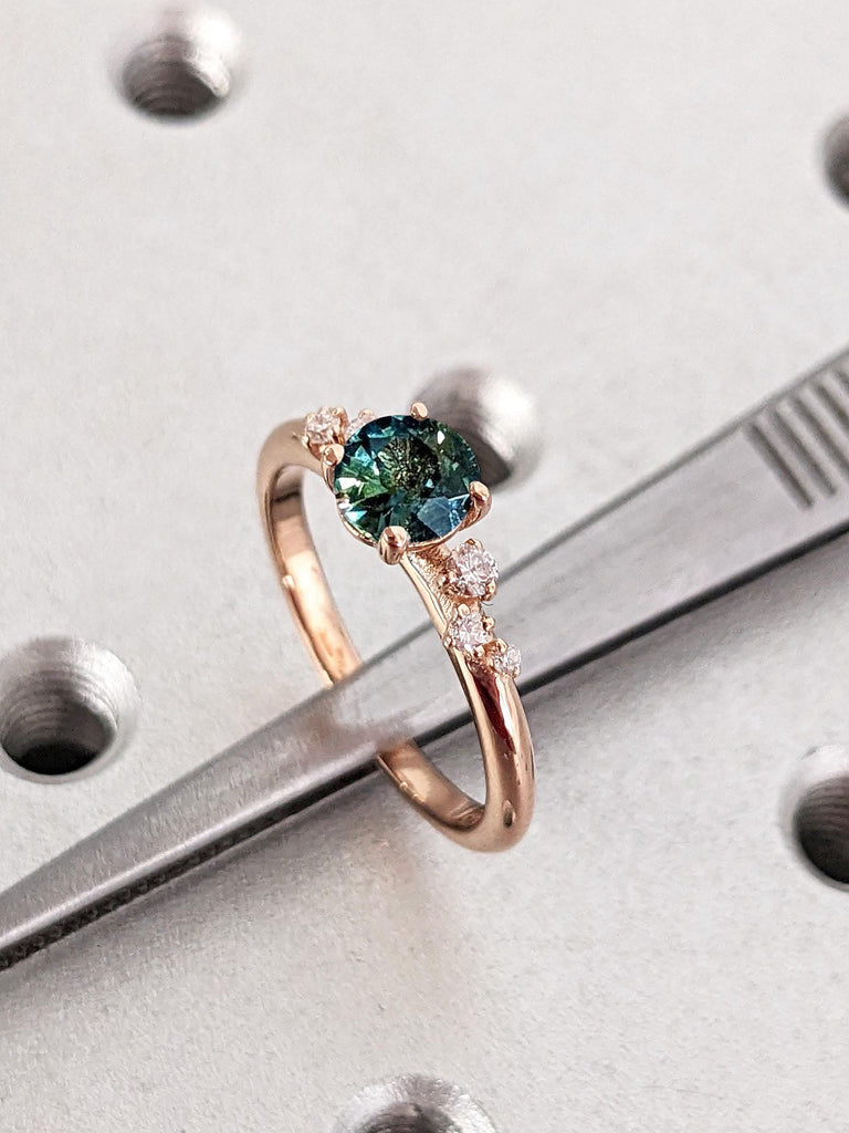 18k Rose Gold 1ct Natural Blue Green Sapphire and Diamond Ring | Round Engagement Ring | Teal Sapphire Ring | Lab Grown Diamond Cluster Ring