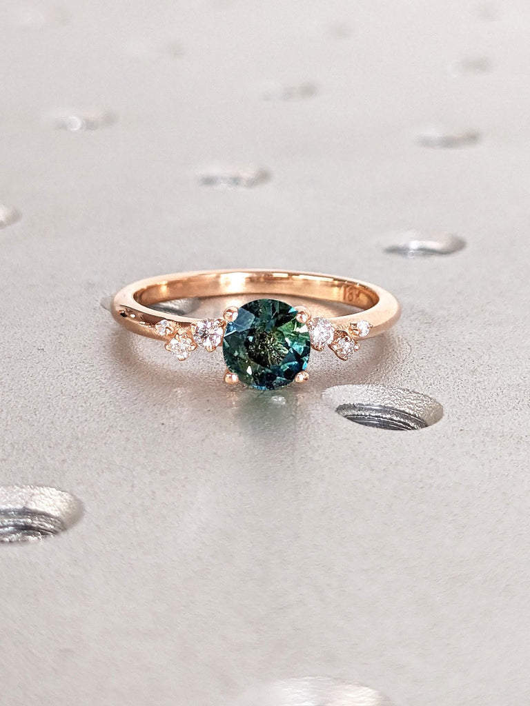 Greenish Sapphire Round cut Ring | Promise Ring For Her | 1 Carat Engagement Ring for Women | Snowdrift Diamond Cluster Ring