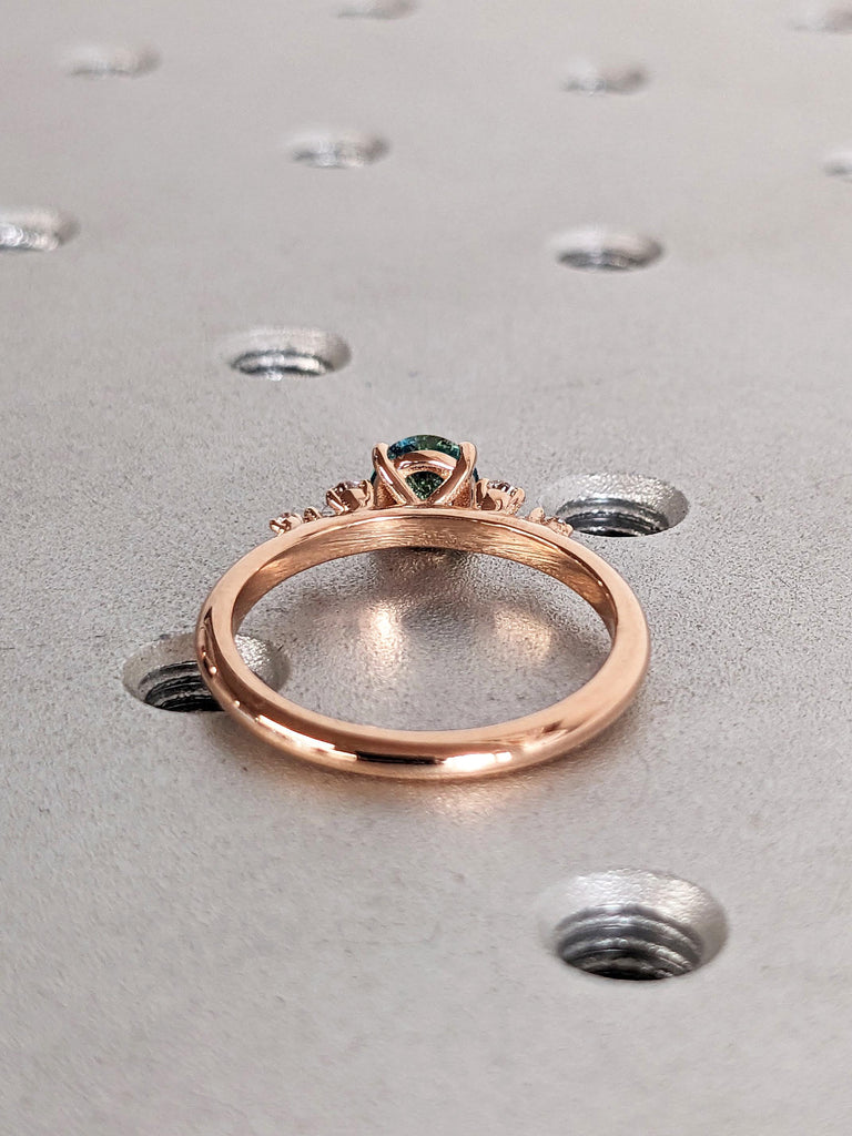 18k Rose Gold 1ct Natural Blue Green Sapphire and Diamond Ring | Round Engagement Ring | Teal Sapphire Ring | Lab Grown Diamond Cluster Ring
