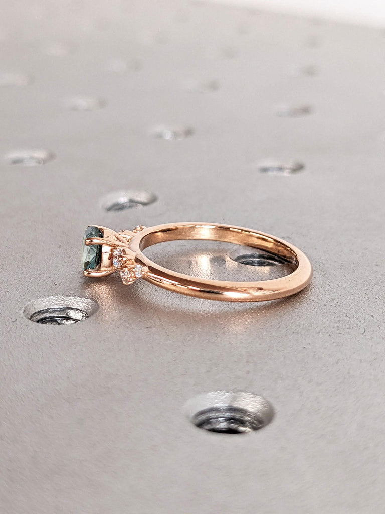 18k Rose Gold 1ct Natural Blue Green Sapphire and Diamond Ring | Round Engagement Ring | Teal Sapphire Ring | Lab Grown Diamond Cluster Ring