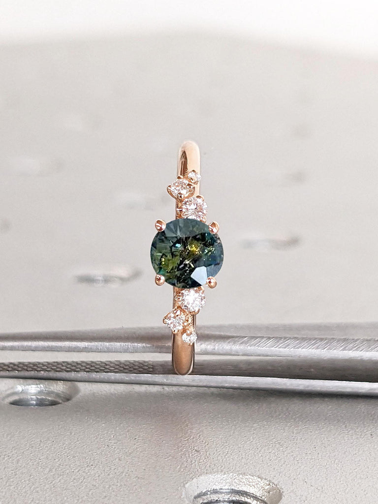 1ct Natural Blue Green Sapphire and Diamond Ring | Round Sapphire Engagement Ring | Simple Teal Sapphire Ring | 18k Rose Gold Snowdrift Lab Grown Diamond Ring