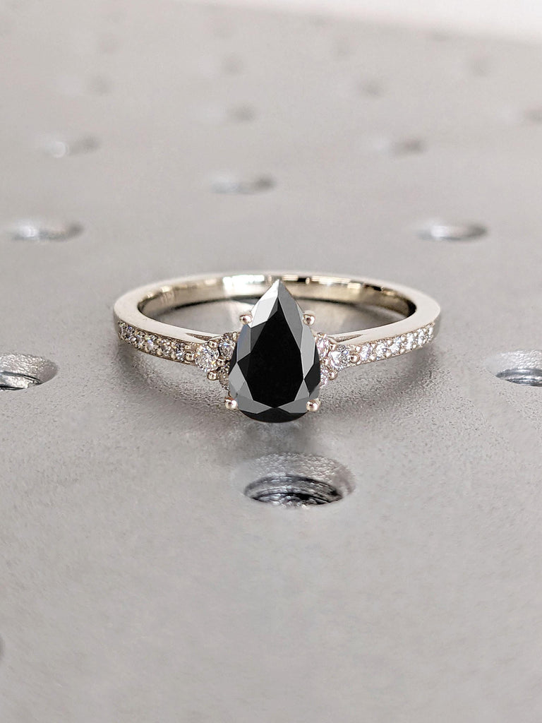 1ct Pear cut Black Diamond Engagement Ring | 14k White Gold Promise Ring | Thin Gold Ring | Women Wedding Ring Jewelry
