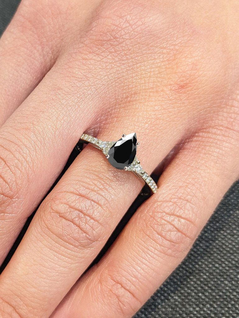 Beautiful Pear cut Natural Black Diamond and Moissanite Engagement Ring | 14k White Gold Rings for Women | Diamond Cluster Ring | Paved Moissanite Half Eternity Band