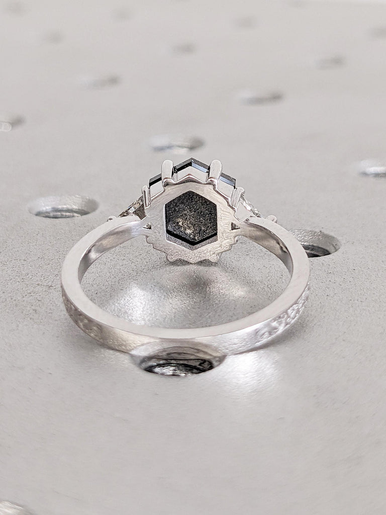 Salt and Pepper Diamond Ring, Filigree 14k Gold Engagement Ring, Hexagon Diamond Ring, Art Deco Raw Diamond Ring, Triangle Moissanite Ring
