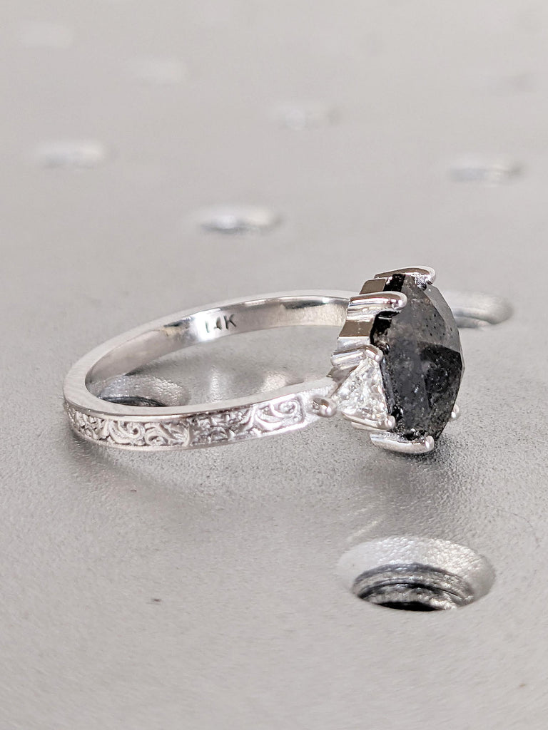 Hexagon Ring, Raw Salt and Pepper Diamond Ring, White Gold Ring, Filigree Ring, Engagement Rings, Triangle Diamond Ring, Gold Statement Ring