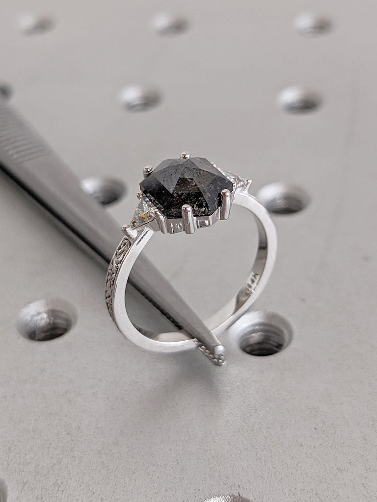 Salt and Pepper Diamond Ring, Filigree 14k Gold Engagement Ring, Hexagon Diamond Ring, Art Deco Raw Diamond Ring, Triangle Moissanite Ring